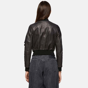 womens black leather bomber jacket with arm pocket back