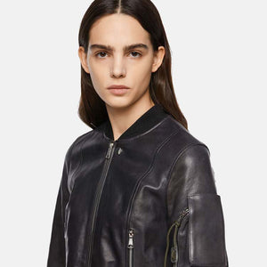 womens black leather bomber jacket with arm pocket side