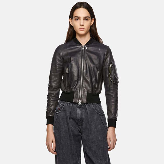 womens black leather bomber jacket with arm pocket - Fashion Leather Jackets USA - 3AMOTO