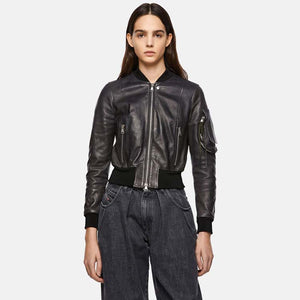 womens black leather bomber jacket with arm pocket