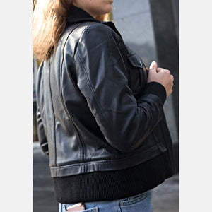 womens black leather collared bomber jacket back