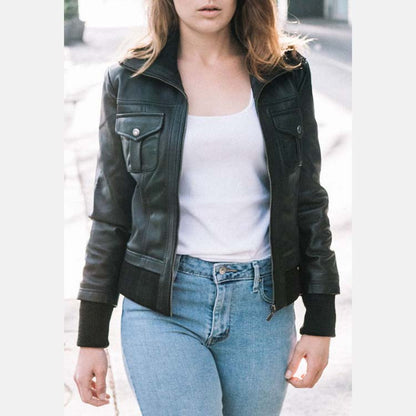 womens black leather collared bomber jacket front