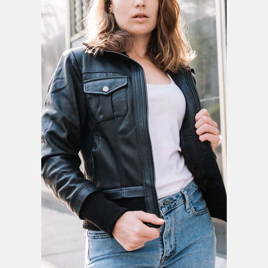 womens black leather collared bomber jacket