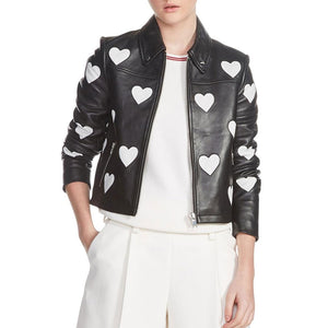womens black leather jacket with heart