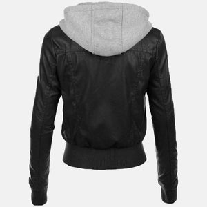 womens black leather removable gray hooded bomber jacket back