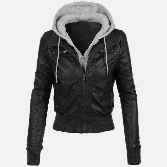 womens black leather removable gray hooded bomber jacket - Fashion Leather Jackets USA - 3AMOTO
