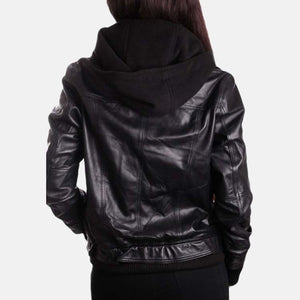 Women’s Black Leather Removable Hooded Bomber Jacket Back
