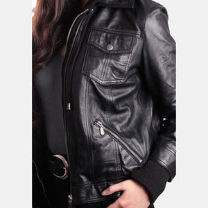 Women’s Black Leather Removable Hooded Bomber Jacket Side