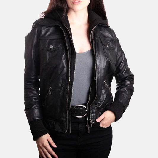 Women’s Black Leather Removable Hooded Bomber Jacket - Fashion Leather Jackets USA - 3AMOTO