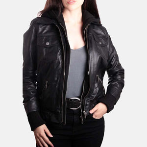 Women’s Black Leather Removable Hooded Bomber Jacket