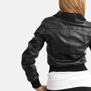 Women’s Black Leather Short Bomber Jacket back