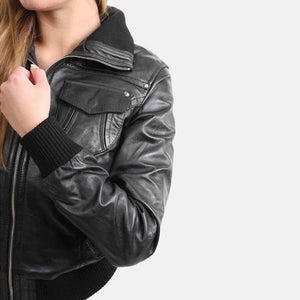 Women’s Black Leather Short Bomber Jacket zoom
