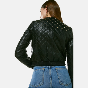 Women’s Black Leather Studded Bomber Jacket back