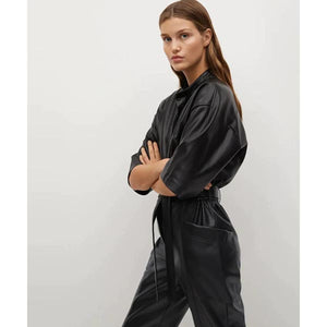 Women's Black One Piece Real Leather Dress Jumpsuit
