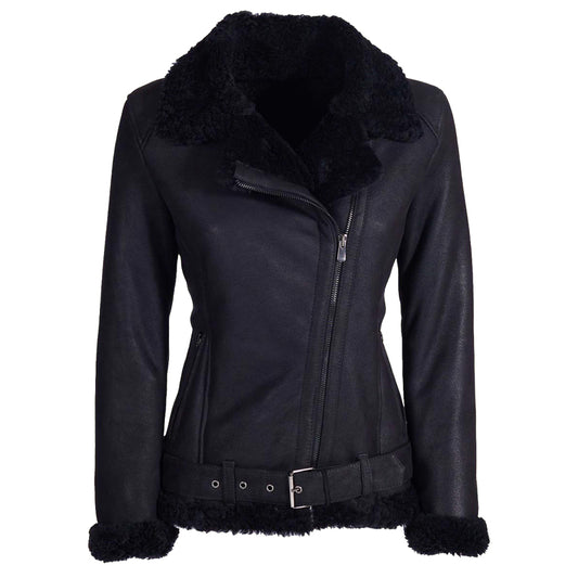 womens black shearling leather jacket - Fashion Leather Jackets USA - 3AMOTO