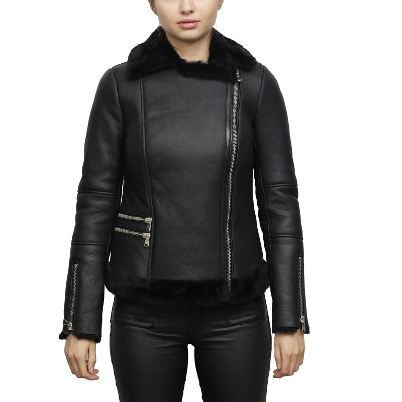 Women’s Black Leather Black online Shearling Coat Aviator Jacket