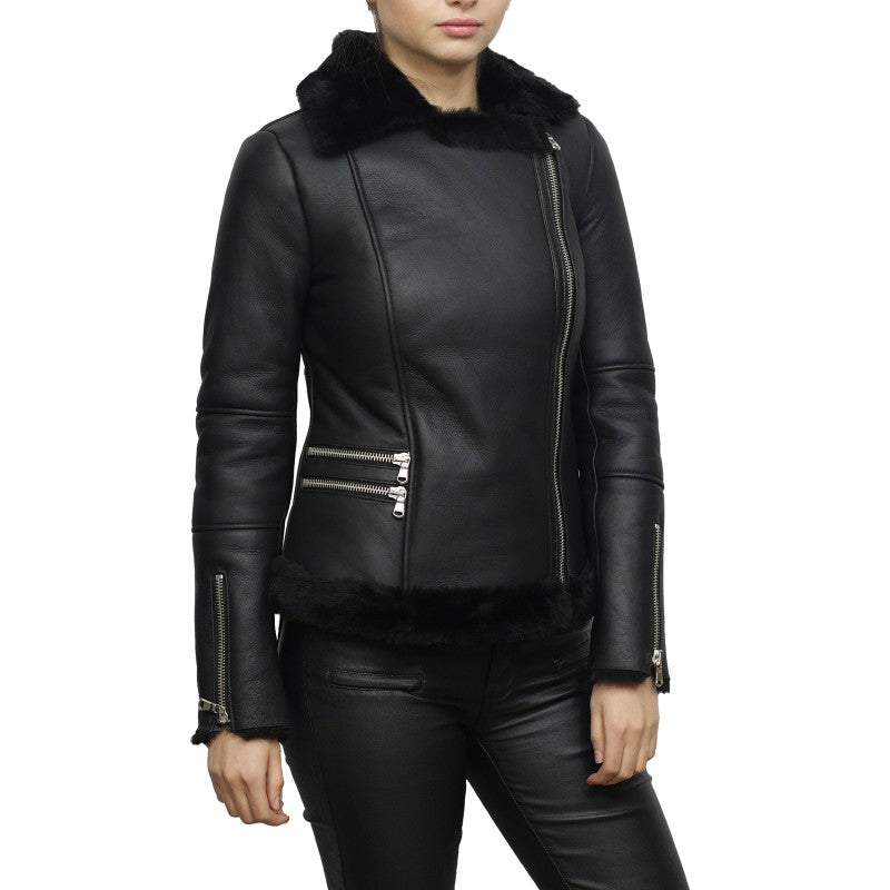 womens black sheepskin leather jacket