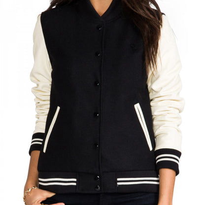 Womens Black Varsity Jacket With Cream Leather Sleeves