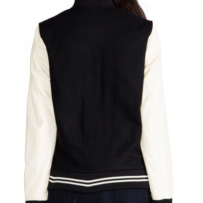 Womens Black Varsity Jacket With Cream Sleeves