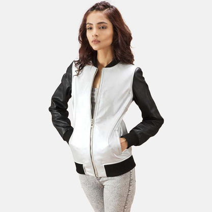 womens black white leather bomber jacket