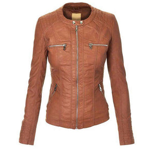 womens brown faux leather zip up jacket with hood