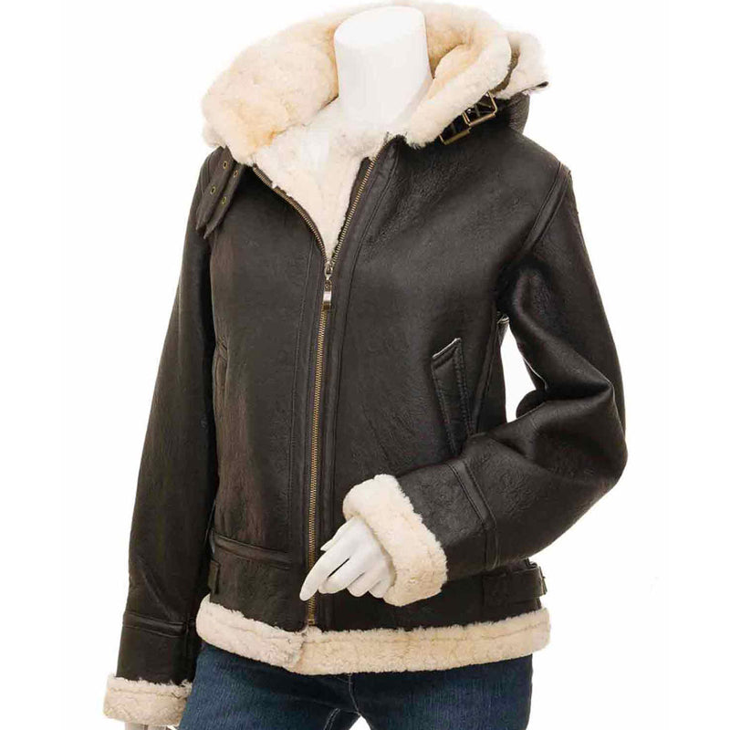 Women s Shearling Brown Leather Bomber Jacket with Hood