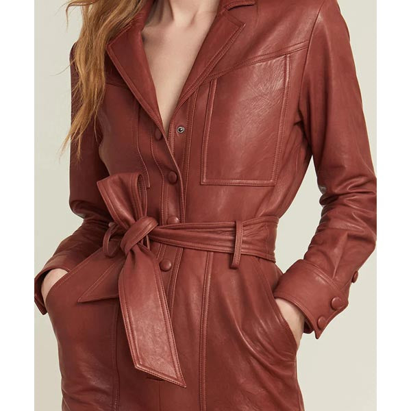 Women's Brown One Piece Belted Leather Jumpsuit