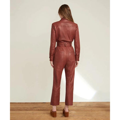 Women's Brown One Piece Belted Leather Jumpsuit