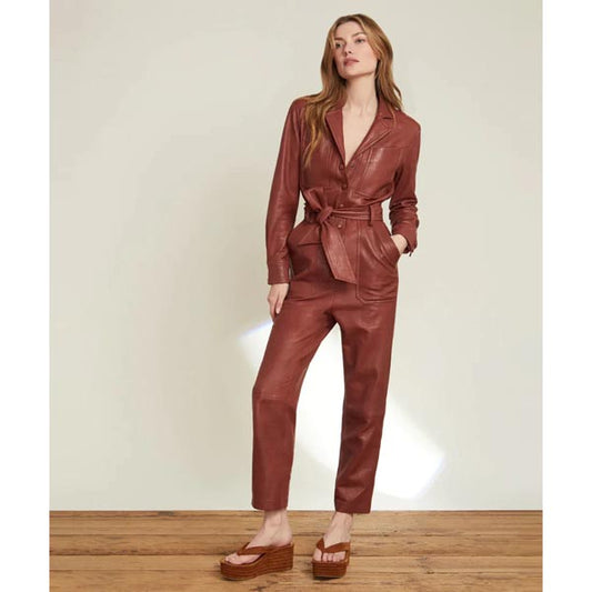 Women's Brown One Piece Belted Leather Jumpsuit - Fashion Leather Jackets USA - 3AMOTO