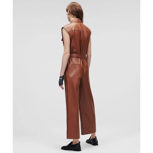 Women's Brown Utility Real Leather Jumpsuit