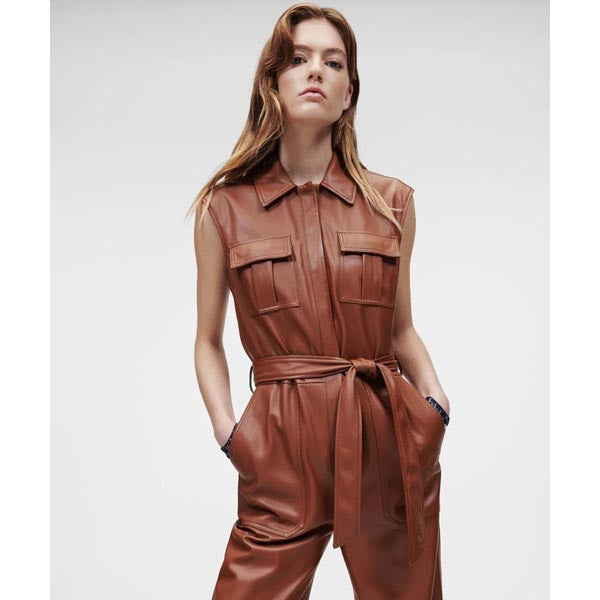 Women's Brown Utility Real Leather Jumpsuit