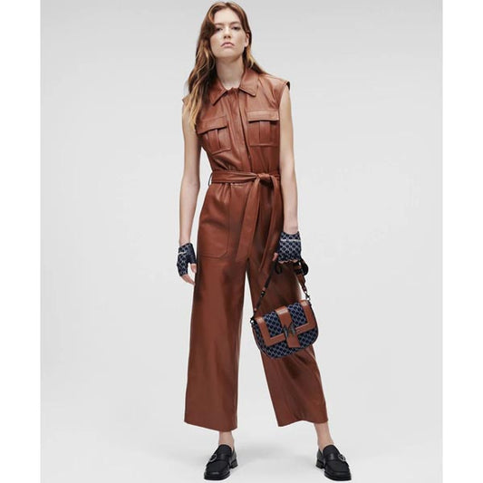 Women's Brown Utility Real Leather Jumpsuit - Fashion Leather Jackets USA - 3AMOTO