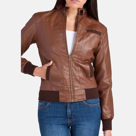 Women’s Chocolate Brown Leather Bomber Jacket - Fashion Leather Jackets USA - 3AMOTO