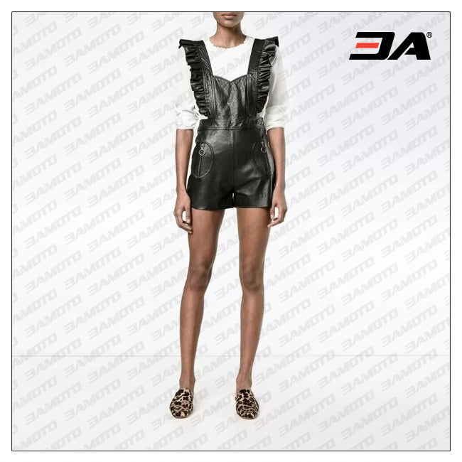 Womens Elegant One Piece Black Leather Romper Shorts