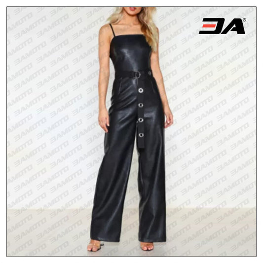 Womens Formal Pure Black Leather Full Length Jumpsuit - 3amoto shop