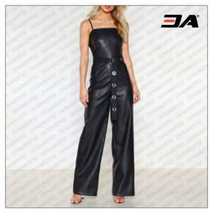 Womens Formal Pure Black Leather Full Length Jumpsuit