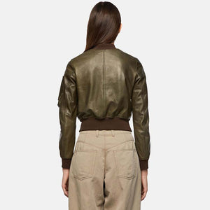 Women’s Green Leather Bomber Jacket With Arm Pocket Back