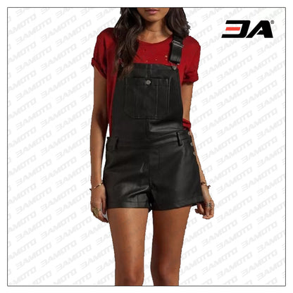 Womens Hot Black Leather Overalls One Piece Short Romper