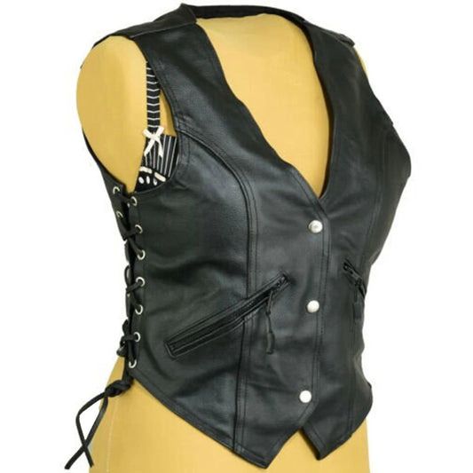 Women's Leather Fashion Vest Waistcoat with Laced Sides - Fashion Leather Jackets USA - 3AMOTO
