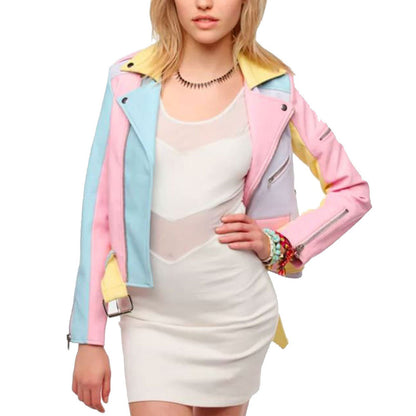 womens moto rainbow pastel leather jacket