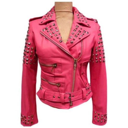 womens pink studded leather jacket - Fashion Leather Jackets USA - 3AMOTO