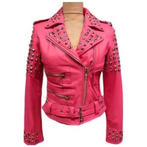 womens pink studded leather jacket