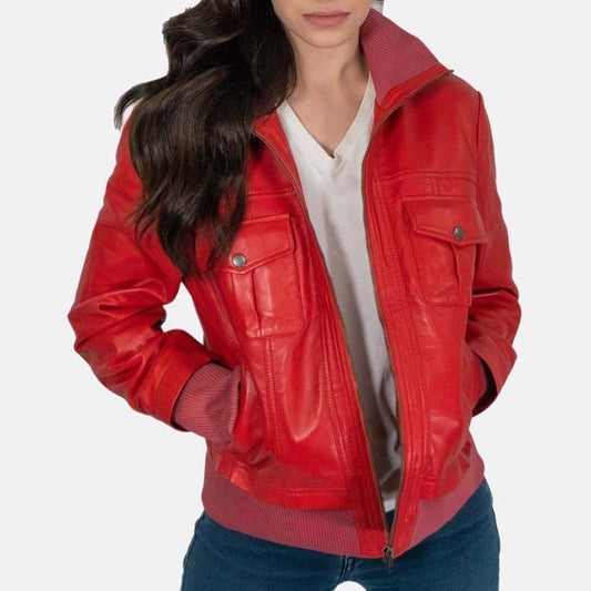 Women’s Red Leather Bomber Jacket