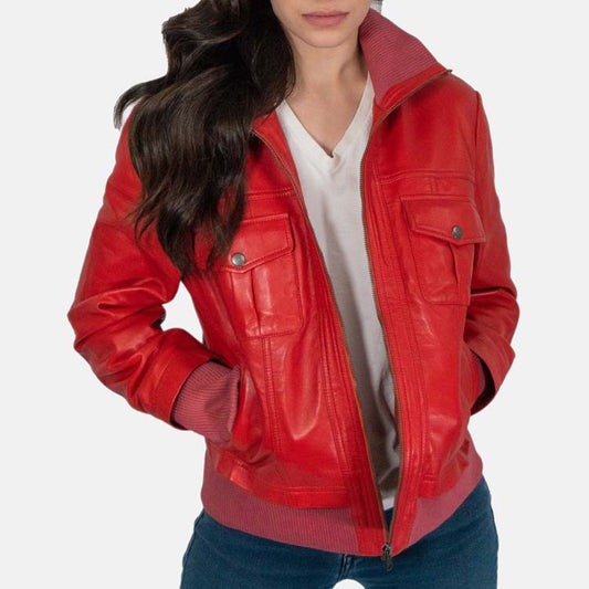 Women’s Red Leather Bomber Jacket - 3amoto shop