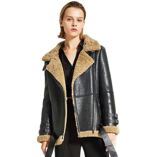 womens sheepskin shearling jacket b-3 bomber jacket - Fashion Leather Jackets USA - 3AMOTO