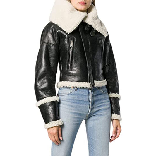 Womens Short Black Fur Sheepskin Aviator Bomber leather Jacket - Fashion Leather Jackets USA - 3AMOTO