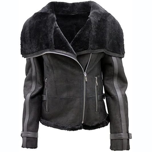Womens Short Black Sheepskin Aviator Leather Jacket - Fashion Leather Jackets USA - 3AMOTO