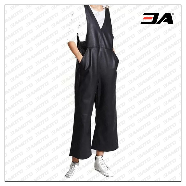 Womens Sleeveless Cool Wear Pure Sheepskin Black Leather Jumpsuit