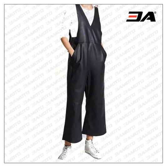 Womens Sleeveless Cool Wear Pure Sheepskin Black Leather Jumpsuit - Fashion Leather Jackets USA - 3AMOTO