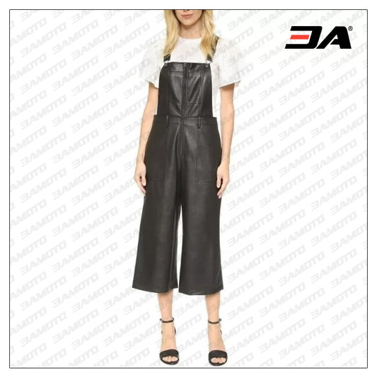 Womens Street Fashion Natural Black Leather overall Jumpsuit - Fashion Leather Jackets USA - 3AMOTO